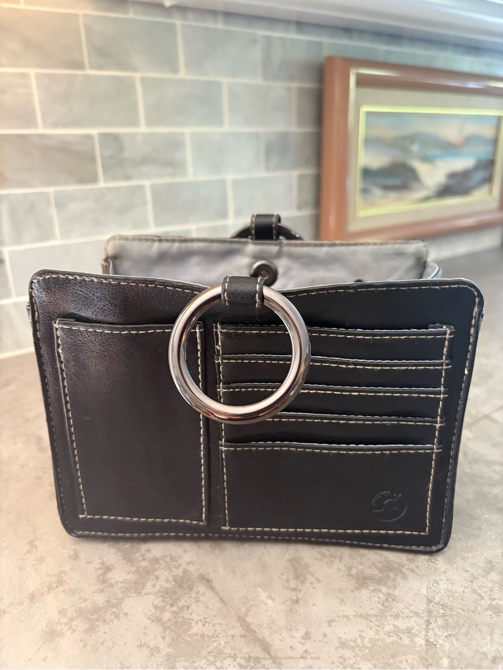 Black leather Pouchee purse organizer a distinctive silver ring handle